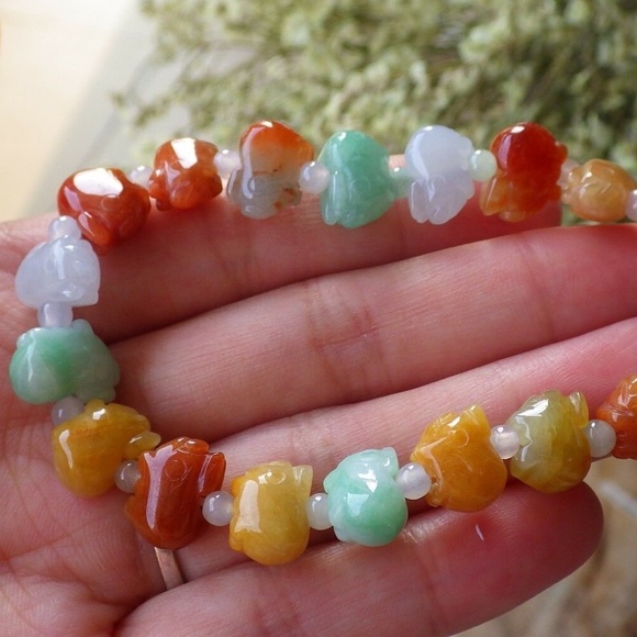 Certified 3 Color Natural A JADE Jadeite Pig Boar Beads Bangle Bracelet 发财猪手链 - Picture 4 of 8